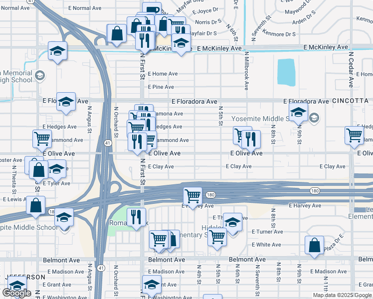 map of restaurants, bars, coffee shops, grocery stores, and more near 3321 East Olive Avenue in Fresno