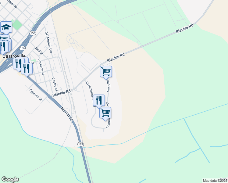 map of restaurants, bars, coffee shops, grocery stores, and more near 11420 Commercial Parkway in Castroville