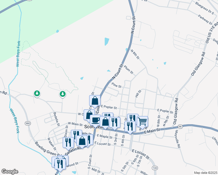 map of restaurants, bars, coffee shops, grocery stores, and more near 101 East Oak Street in Scottsville