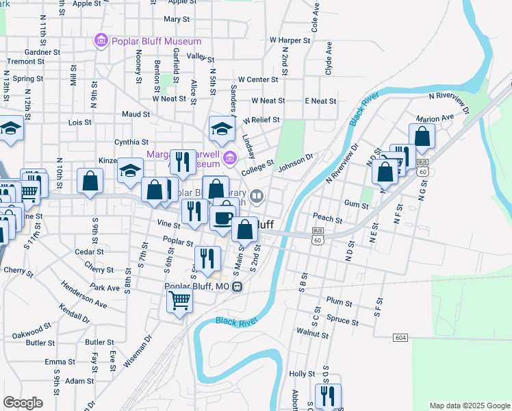 map of restaurants, bars, coffee shops, grocery stores, and more near 318 North Main Street in Poplar Bluff