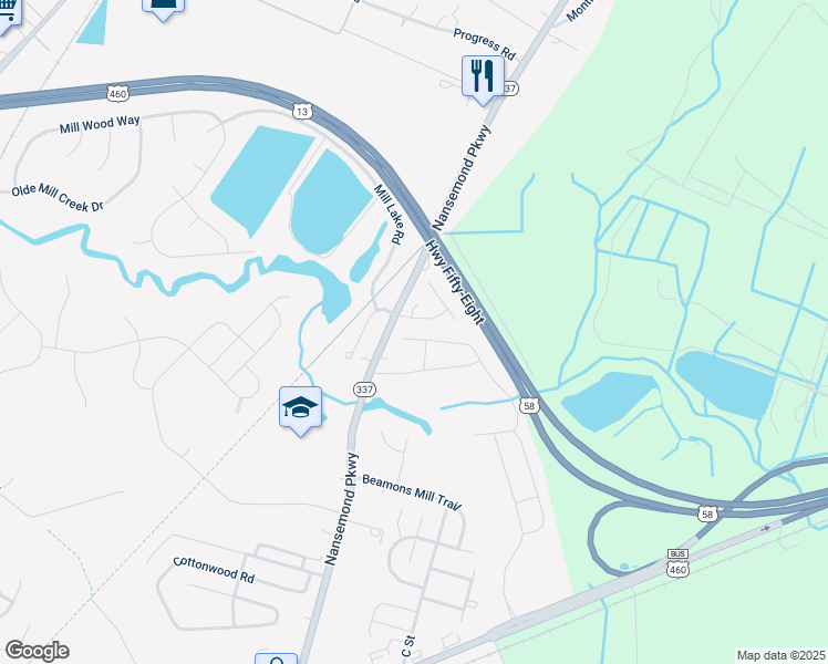 map of restaurants, bars, coffee shops, grocery stores, and more near 3059 Dabney Lane in Suffolk