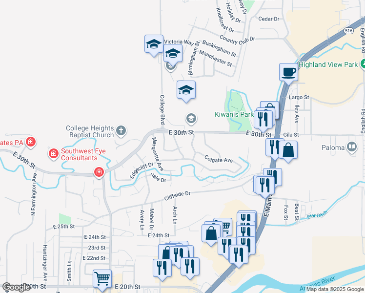 map of restaurants, bars, coffee shops, grocery stores, and more near 3198 East 30th Circle in Farmington