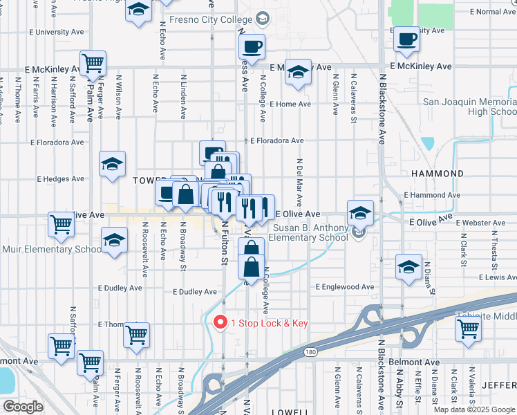 map of restaurants, bars, coffee shops, grocery stores, and more near 1035 East Olive Avenue in Fresno