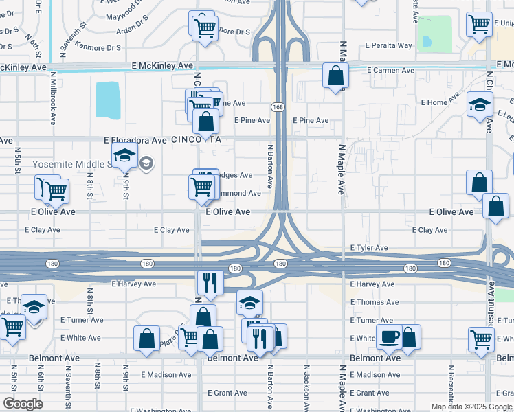 map of restaurants, bars, coffee shops, grocery stores, and more near 4450 East Olive Avenue in Fresno