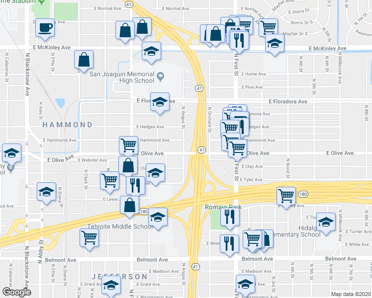 map of restaurants, bars, coffee shops, grocery stores, and more near 2920 East Olive Avenue in Fresno
