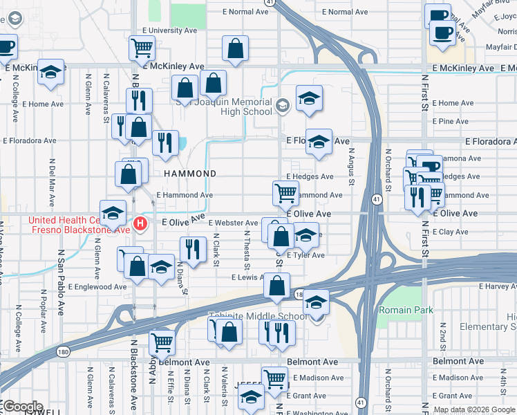 map of restaurants, bars, coffee shops, grocery stores, and more near 2405 East Webster Avenue in Fresno