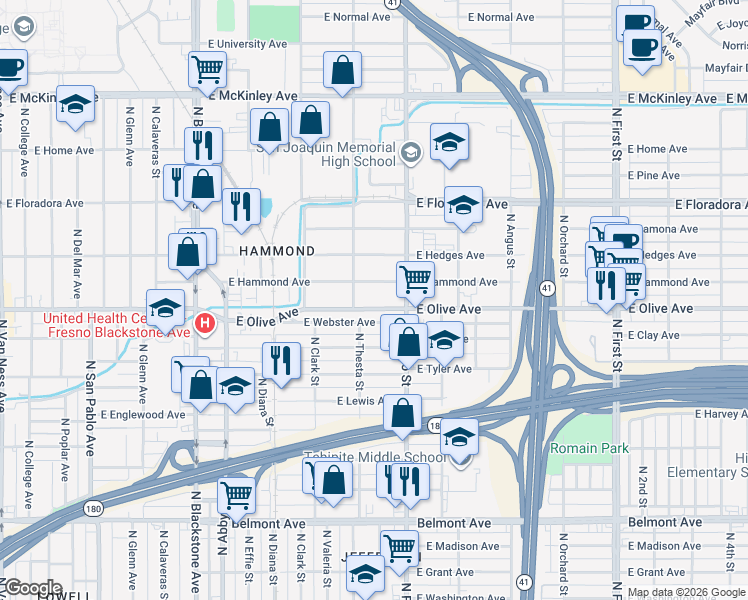 map of restaurants, bars, coffee shops, grocery stores, and more near 2405 East Webster Avenue in Fresno