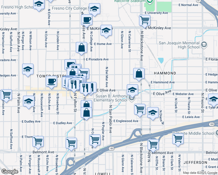 map of restaurants, bars, coffee shops, grocery stores, and more near 1220 East Olive Avenue in Fresno