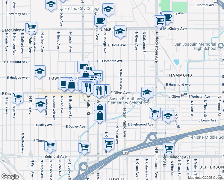map of restaurants, bars, coffee shops, grocery stores, and more near 1110 East Olive Avenue in Fresno