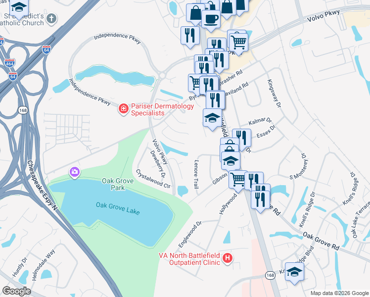 map of restaurants, bars, coffee shops, grocery stores, and more near 1210 Damyien Arch in Chesapeake