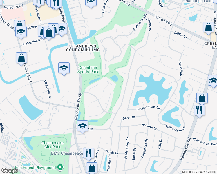 map of restaurants, bars, coffee shops, grocery stores, and more near 1029 Brandon Quay in Chesapeake
