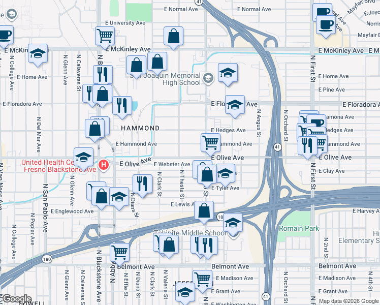 map of restaurants, bars, coffee shops, grocery stores, and more near 2405 East Webster Avenue in Fresno