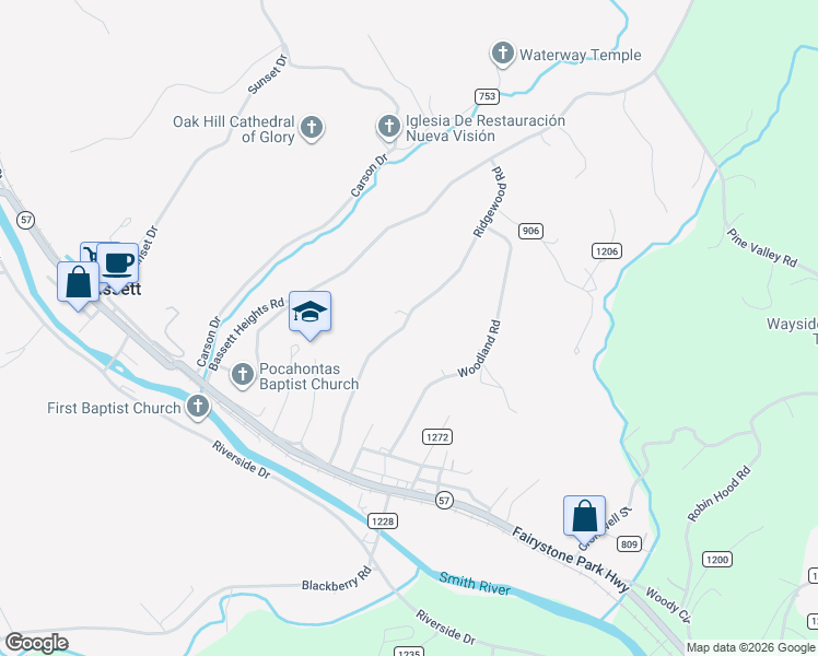 map of restaurants, bars, coffee shops, grocery stores, and more near 370 Ridgewood Road in Bassett