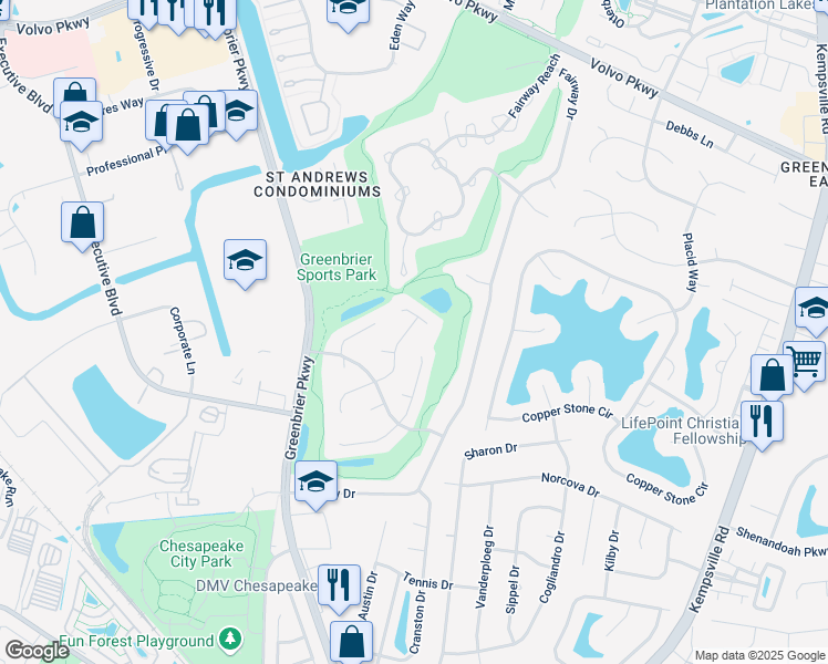 map of restaurants, bars, coffee shops, grocery stores, and more near 1029 Brandon Quay in Chesapeake
