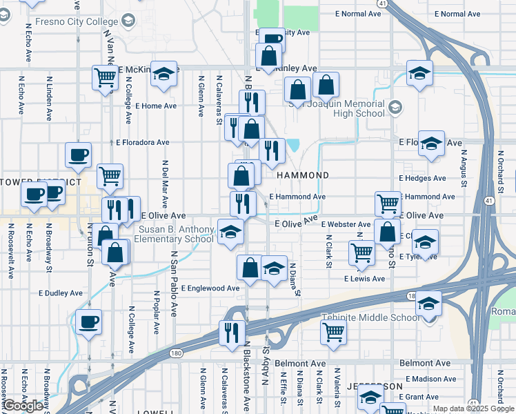map of restaurants, bars, coffee shops, grocery stores, and more near 1160 North Blackstone Avenue in Fresno