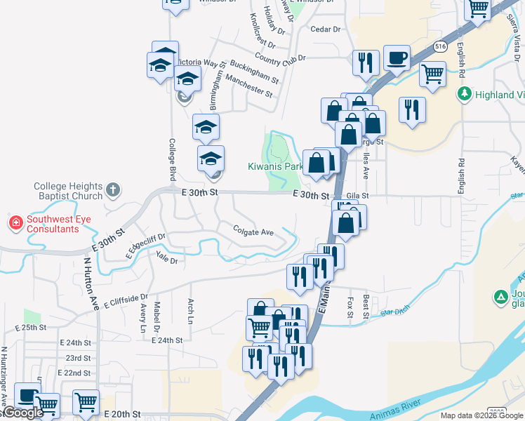 map of restaurants, bars, coffee shops, grocery stores, and more near 3401 East 30th Street in Farmington