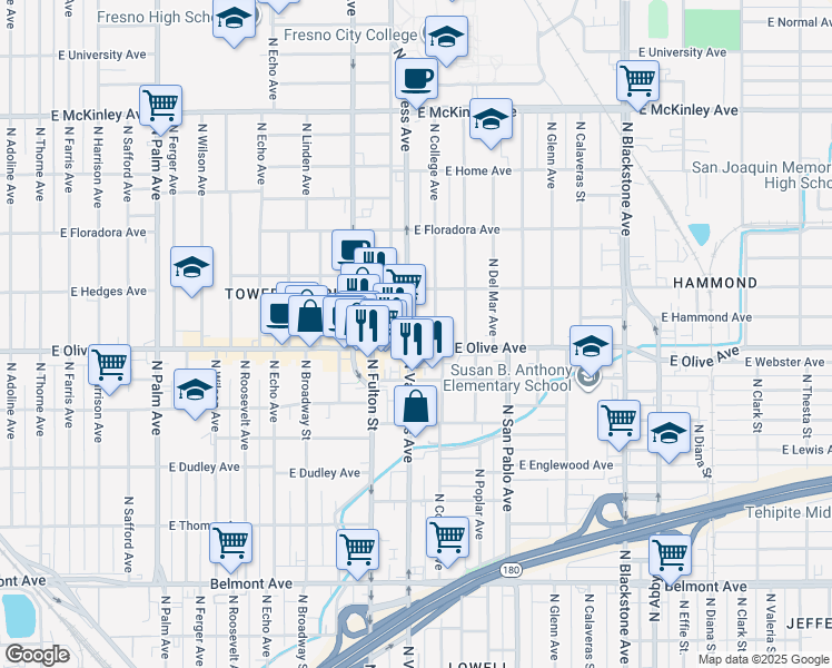 map of restaurants, bars, coffee shops, grocery stores, and more near 1145 North Van Ness Avenue in Fresno