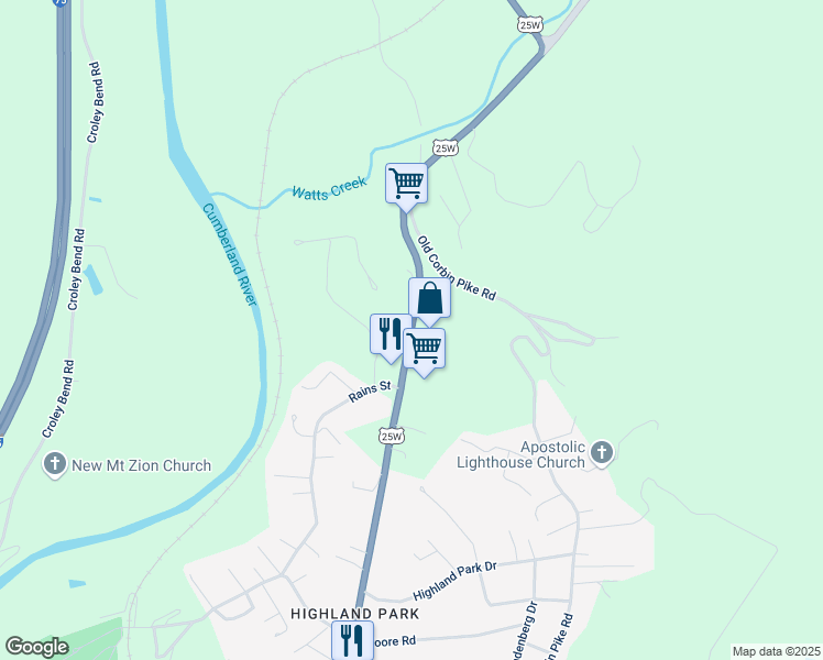 map of restaurants, bars, coffee shops, grocery stores, and more near 1096 Highway 25 in Williamsburg
