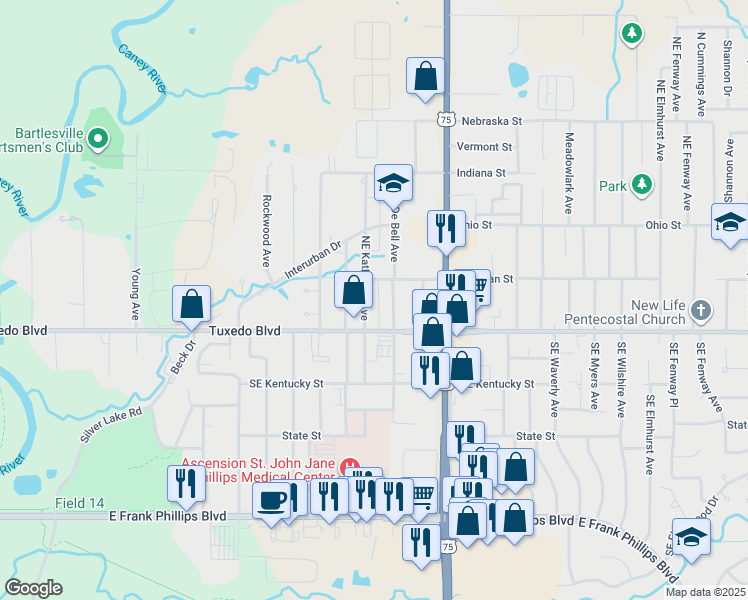 map of restaurants, bars, coffee shops, grocery stores, and more near 104 Northeast Katherine Avenue in Bartlesville