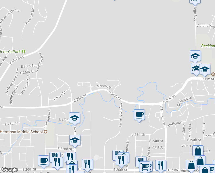 map of restaurants, bars, coffee shops, grocery stores, and more near 2103 Ranch Drive in Farmington