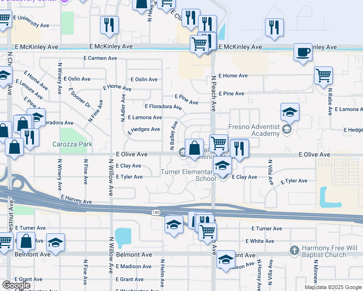 map of restaurants, bars, coffee shops, grocery stores, and more near 1223 North Sylmar Avenue in Fresno