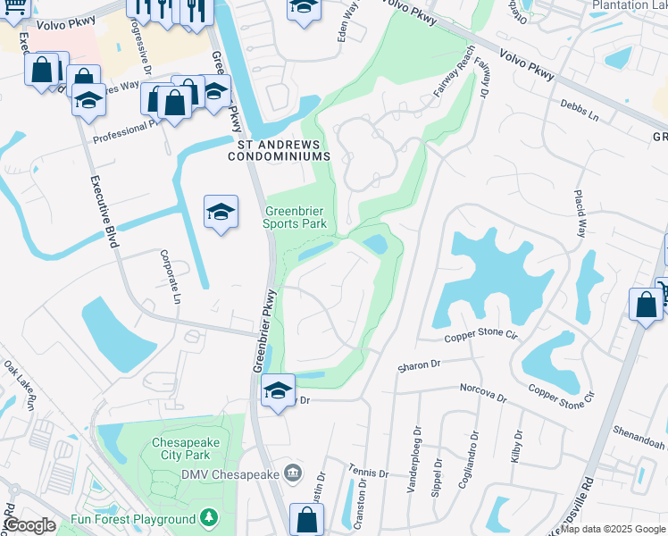 map of restaurants, bars, coffee shops, grocery stores, and more near 1025 Still Meadow Court in Chesapeake