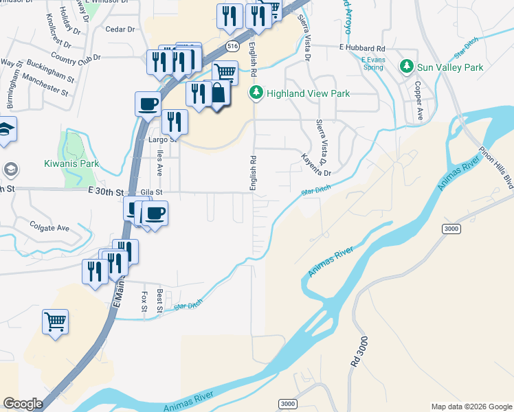 map of restaurants, bars, coffee shops, grocery stores, and more near 3102 English Road in Farmington