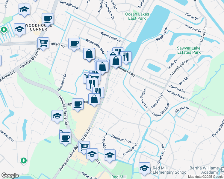 map of restaurants, bars, coffee shops, grocery stores, and more near 1029 Mill Crossing Drive in Virginia Beach