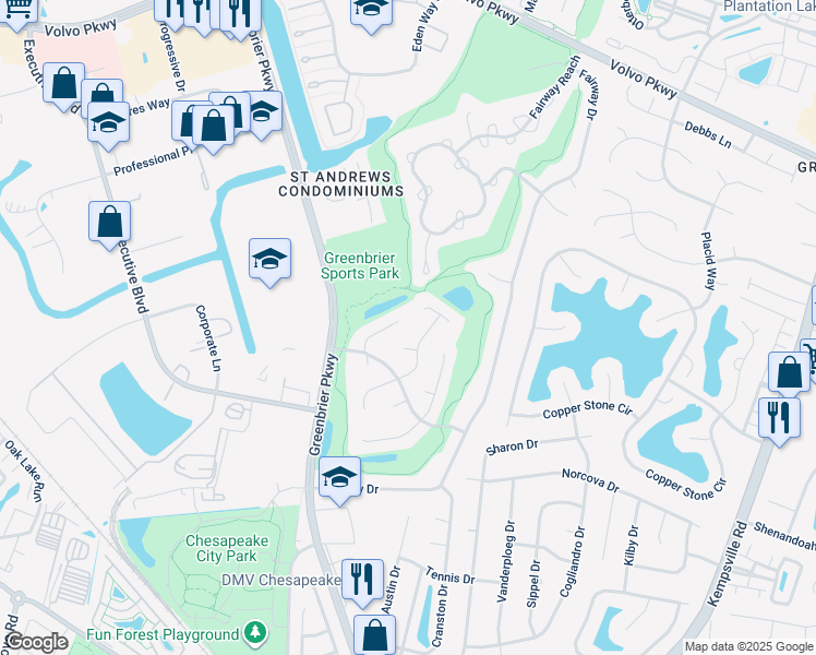 map of restaurants, bars, coffee shops, grocery stores, and more near 1025 Still Meadow Court in Chesapeake