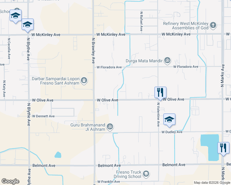 map of restaurants, bars, coffee shops, grocery stores, and more near 1440 North Knoll Avenue in Fresno