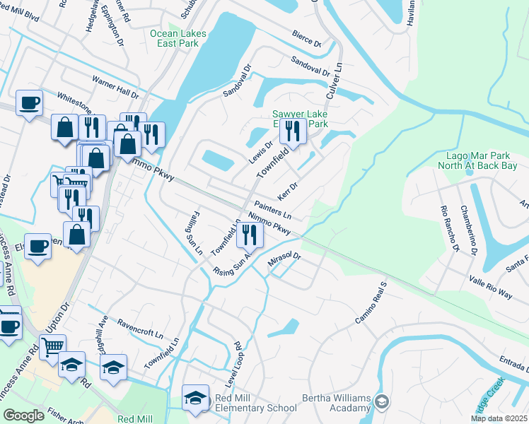 map of restaurants, bars, coffee shops, grocery stores, and more near 2336 Painters Lane in Virginia Beach
