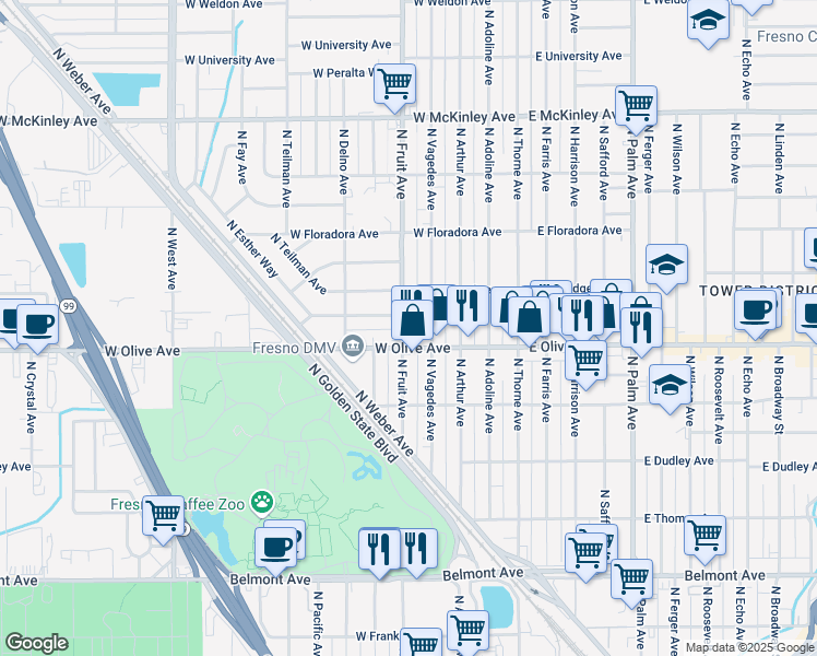 map of restaurants, bars, coffee shops, grocery stores, and more near in Fresno