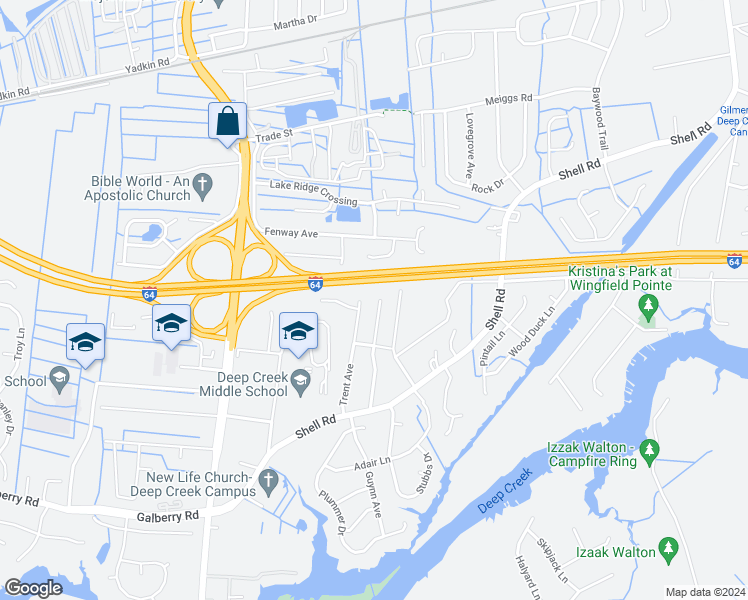 map of restaurants, bars, coffee shops, grocery stores, and more near 556 Plantation Drive in Chesapeake