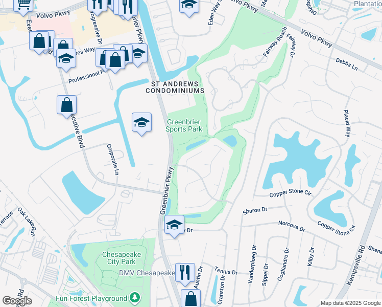 map of restaurants, bars, coffee shops, grocery stores, and more near 1012 Still Meadow Court in Chesapeake