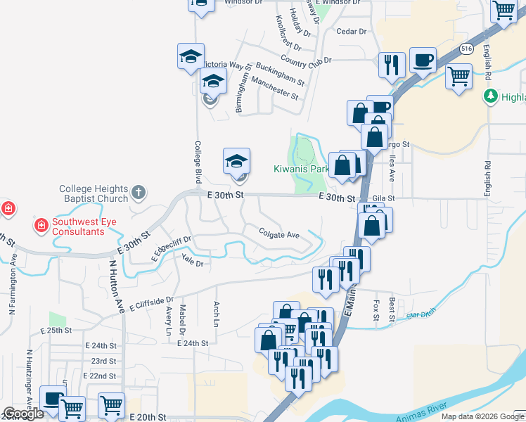 map of restaurants, bars, coffee shops, grocery stores, and more near 3308 Colgate Avenue in Farmington