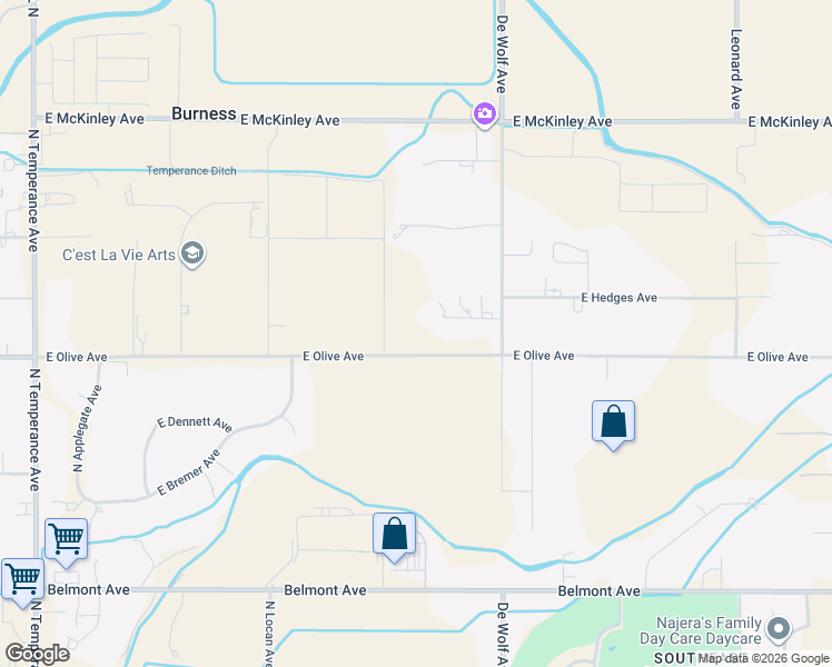 map of restaurants, bars, coffee shops, grocery stores, and more near 7757 East Olive Avenue in Fresno