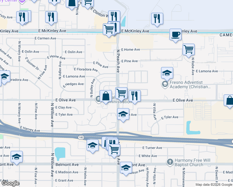 map of restaurants, bars, coffee shops, grocery stores, and more near in Fresno