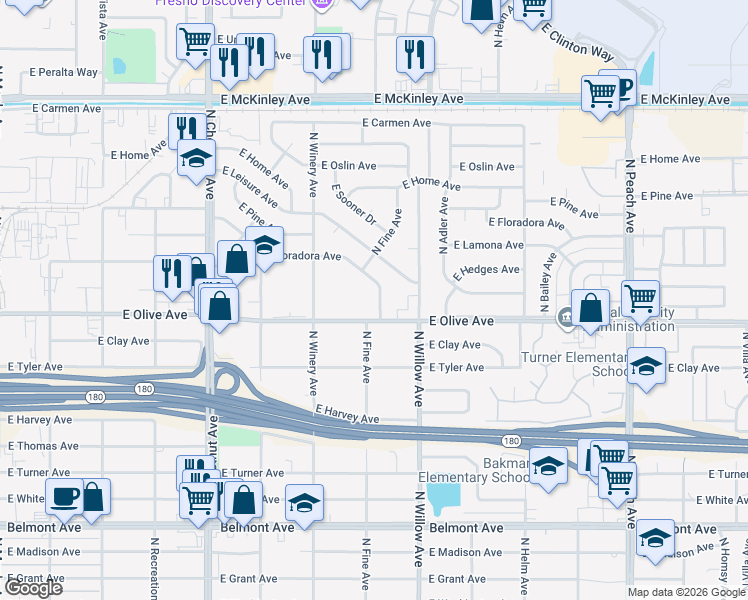 map of restaurants, bars, coffee shops, grocery stores, and more near 4938 East Olive Avenue in Fresno