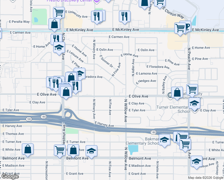 map of restaurants, bars, coffee shops, grocery stores, and more near 4938 East Olive Avenue in Fresno