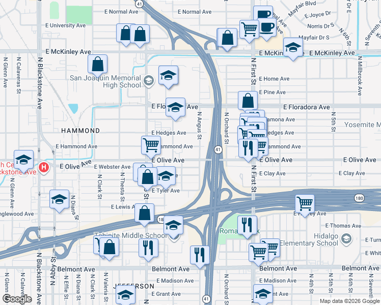 map of restaurants, bars, coffee shops, grocery stores, and more near 2830 East Olive Avenue in Fresno