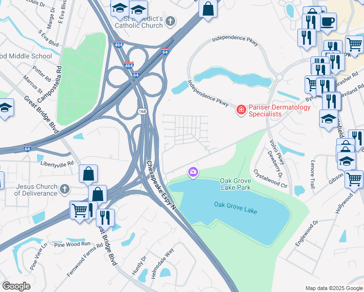 map of restaurants, bars, coffee shops, grocery stores, and more near 1213 Queens Gate in Chesapeake