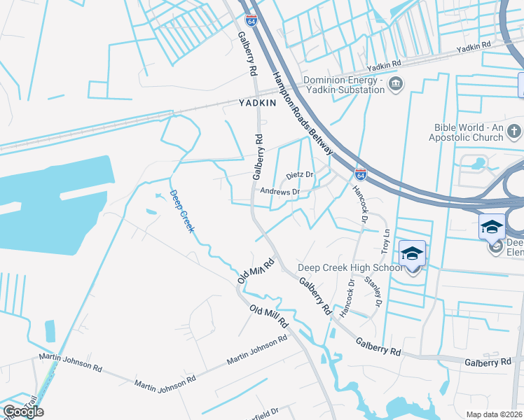 map of restaurants, bars, coffee shops, grocery stores, and more near 3232 Galberry Road in Chesapeake