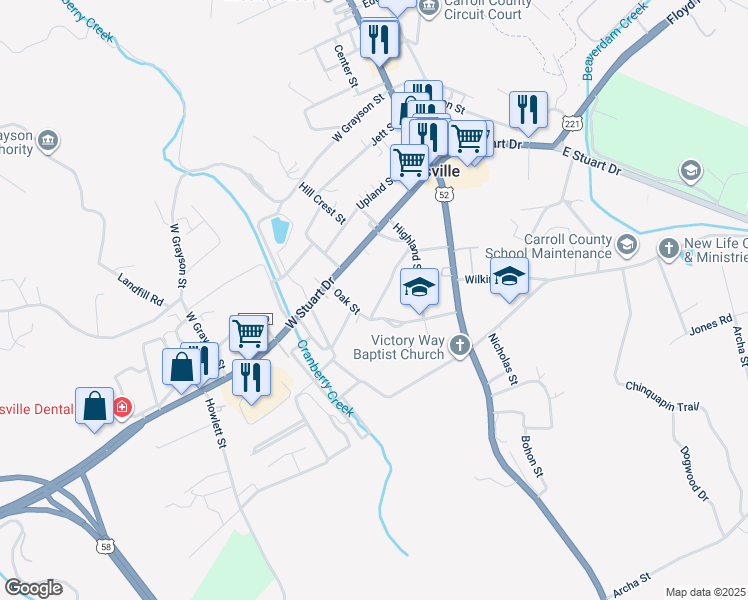 map of restaurants, bars, coffee shops, grocery stores, and more near 300-354 Oak Street in Hillsville