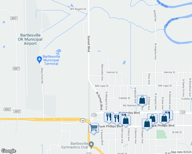 map of restaurants, bars, coffee shops, grocery stores, and more near 436 North Sunset Boulevard in Bartlesville