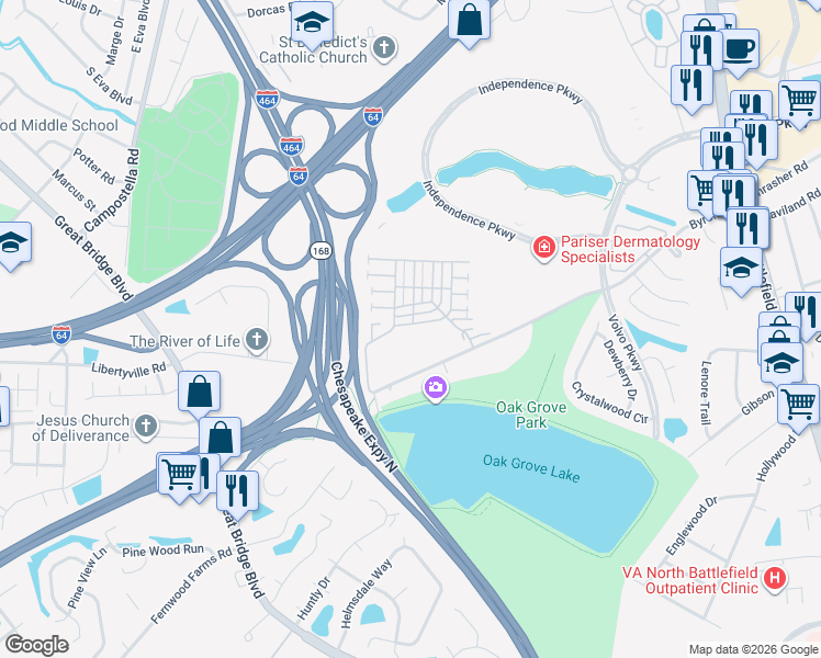 map of restaurants, bars, coffee shops, grocery stores, and more near 1213 Queens Gate in Chesapeake