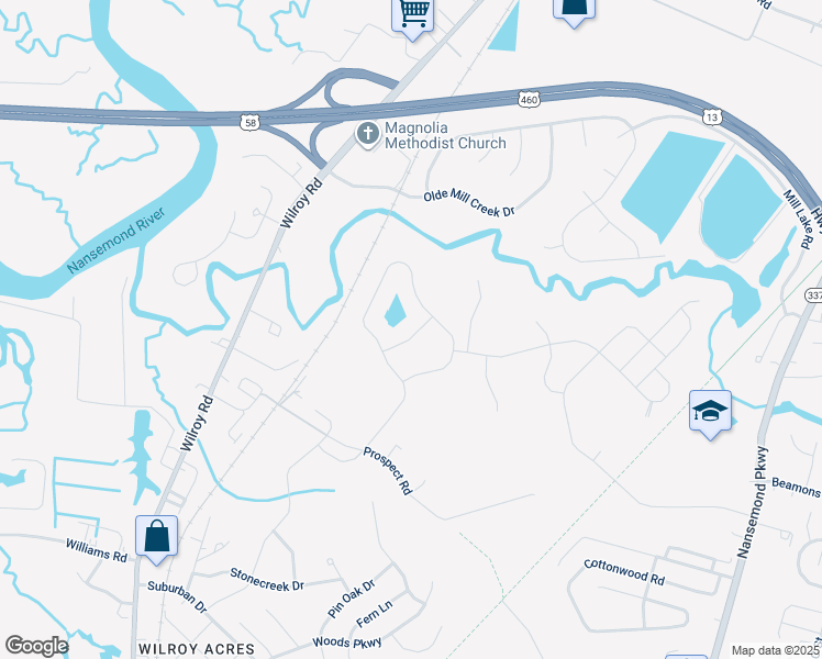 map of restaurants, bars, coffee shops, grocery stores, and more near 1006 Raven Hill Road in Suffolk