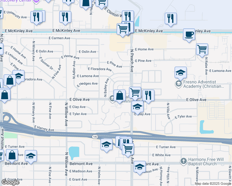 map of restaurants, bars, coffee shops, grocery stores, and more near 1220 North Sylmar Avenue in Fresno
