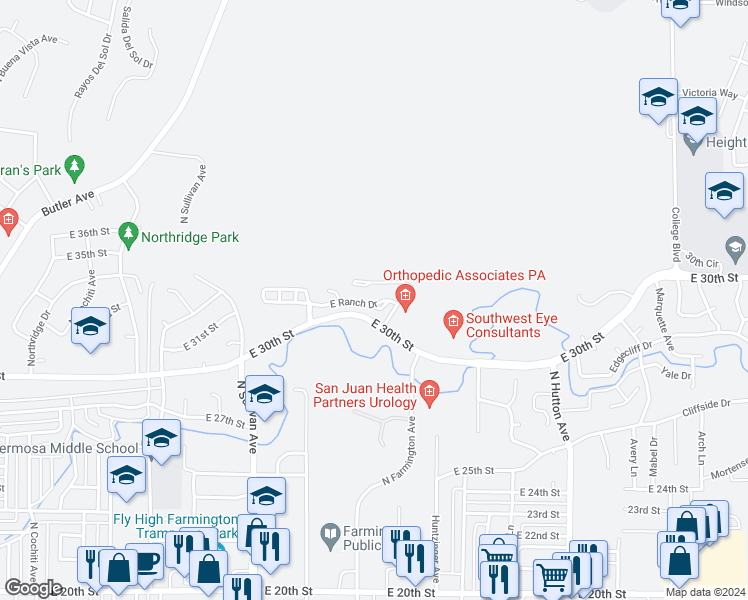 map of restaurants, bars, coffee shops, grocery stores, and more near 2108 Ranch Drive in Farmington