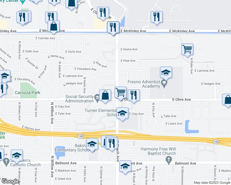 map of restaurants, bars, coffee shops, grocery stores, and more near in Fresno