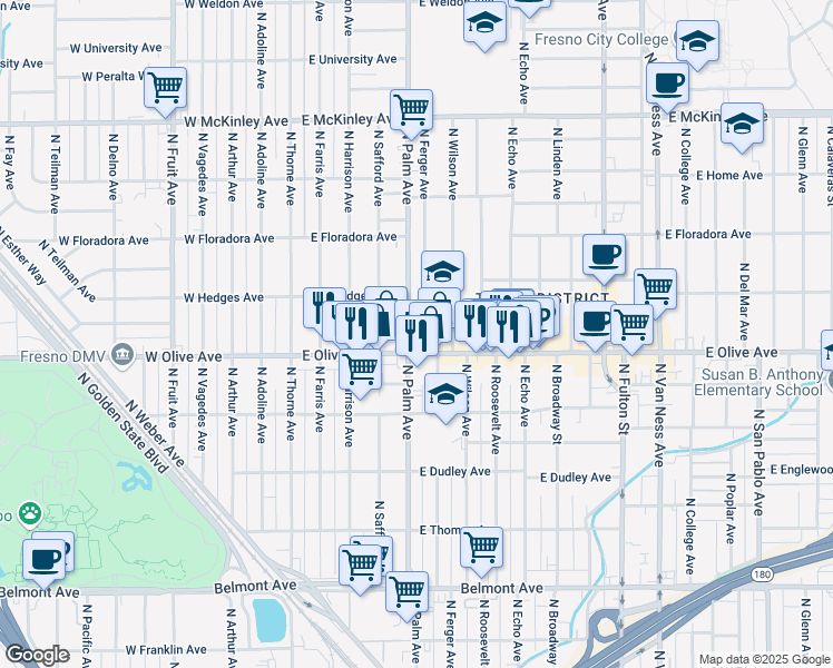 map of restaurants, bars, coffee shops, grocery stores, and more near 1271 North Ferger Avenue in Fresno